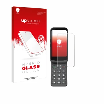 Face avant d’un emballage produit avec le logo de la marque upscreen. À côté, l’appareil Doro Aurora A20 est représenté avec l