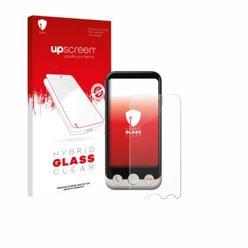 Face avant d’un emballage produit avec le logo de la marque upscreen. À côté, l’appareil Doro Aurora A10 est représenté avec l