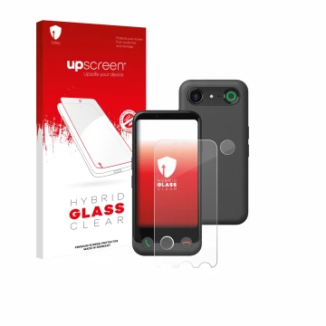 Face avant d’un emballage produit avec le logo de la marque upscreen. À côté, l’appareil Doro Aurora A10 (Avant+Caméra) est re