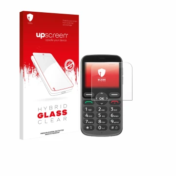 Face avant d’un emballage produit avec le logo de la marque upscreen. À côté, l’appareil Doro 1380 est représenté avec la prot
