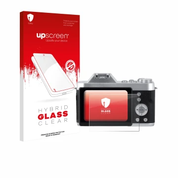 Face avant d’un emballage produit avec le logo de la marque upscreen. À côté, l’appareil Rollei Powerflex 10x Retro est représ