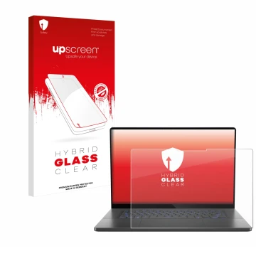 Face avant d’un emballage produit avec le logo de la marque upscreen. À côté, l’appareil ASUS ROG Zephyrus G16 2025 est représ