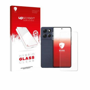 Face avant d’un emballage produit avec le logo de la marque upscreen. À côté, l’appareil Motorola Moto G86 (Avant+Caméra) est 