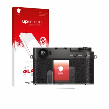 Face avant d’un emballage produit avec le logo de la marque upscreen. À côté, l’appareil Fujifilm X Half X-HF1 est représenté 