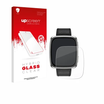 Face avant d’un emballage produit avec le logo de la marque upscreen. À côté, l’appareil Amazfit Active 2 (rectangulaire) est 