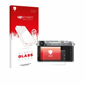 Face avant d’un emballage produit avec le logo de la marque upscreen. À côté, l’appareil Fujifilm X-E5 est représenté avec la 