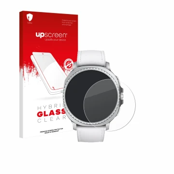 Face avant d’un emballage produit avec le logo de la marque upscreen. À côté, l’appareil Samsung Galaxy Watch 8 Classic (46 mm
