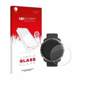 Face avant d’un emballage produit avec le logo de la marque upscreen. À côté, l’appareil Polar Grit X2 est représenté avec la 