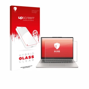 Face avant d’un emballage produit avec le logo de la marque upscreen. À côté, l’appareil Lenovo Chromebook Plus 14 est représe
