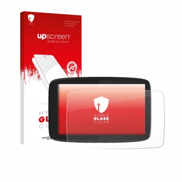 Face avant d’un emballage produit avec le logo de la marque upscreen. À côté, l’appareil TomTom GO Camper Tour est représenté 