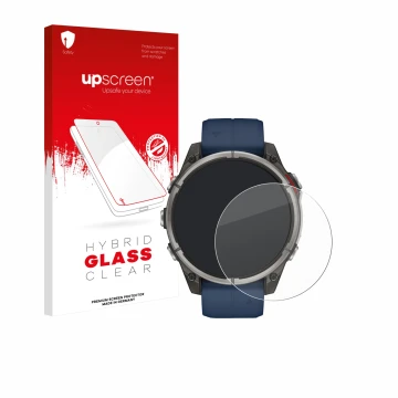 Face avant d’un emballage produit avec le logo de la marque upscreen. À côté, l’appareil Garmin quatix 8 (47 mm) est représent