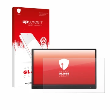 Face avant d’un emballage produit avec le logo de la marque upscreen. À côté, l’appareil ASUS ZenScreen MB166C est représenté 