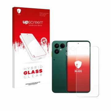 Face avant d’un emballage produit avec le logo de la marque upscreen. À côté, l’appareil Fairphone 6 (Avant+Caméra) est représ