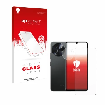 Face avant d’un emballage produit avec le logo de la marque upscreen. À côté, l’appareil Doogee Note 59 Pro Plus (Avant+Caméra
