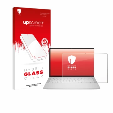 Face avant d’un emballage produit avec le logo de la marque upscreen. À côté, l’appareil Dell 14 Premium Laptop est représenté