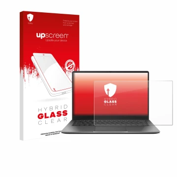 Face avant d’un emballage produit avec le logo de la marque upscreen. À côté, l’appareil ASUS Chromebook Plus CX14 est représe