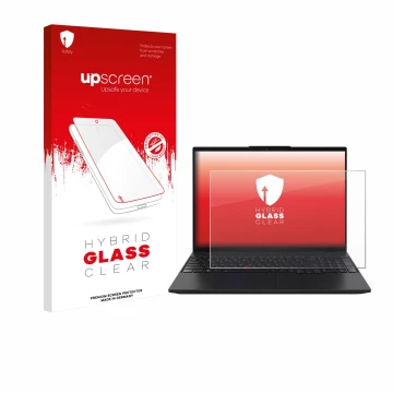 Face avant d’un emballage produit avec le logo de la marque upscreen. À côté, l’appareil Lenovo ThinkPad L16 Gen 2 est représe