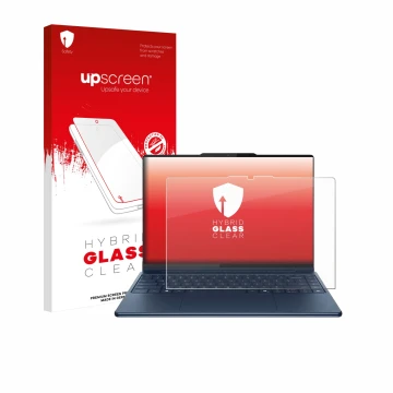 Face avant d’un emballage produit avec le logo de la marque upscreen. À côté, l’appareil Lenovo Yoga Pro 9i Gen 10 Aura Editio
