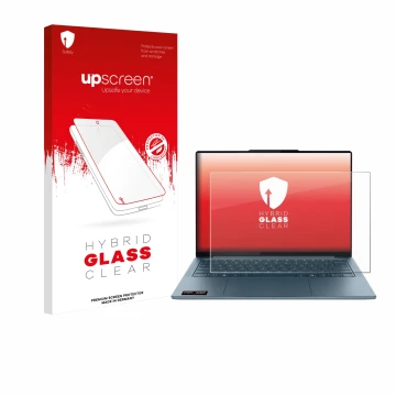 Face avant d’un emballage produit avec le logo de la marque upscreen. À côté, l’appareil Lenovo Yoga Slim 7 Gen 10 14