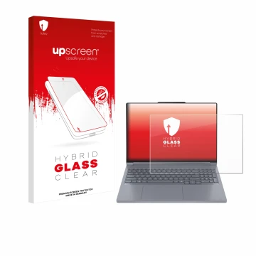 Face avant d’un emballage produit avec le logo de la marque upscreen. À côté, l’appareil Lenovo ThinkBook 16p Gen 6 est représ