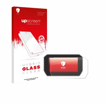 Face avant d’un emballage produit avec le logo de la marque upscreen. À côté, l’appareil Ducati V4S 2021 Affichage de la vites