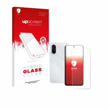 Face avant d’un emballage produit avec le logo de la marque upscreen. À côté, l’appareil OnePlus Nord CE 5 (Avant+Caméra) est 