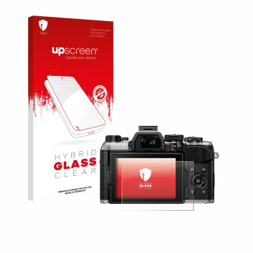 Face avant d’un emballage produit avec le logo de la marque upscreen. À côté, l’appareil Olympus OM System OM-5 Mark II est re