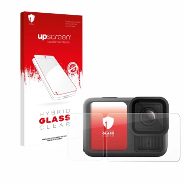 Face avant d’un emballage produit avec le logo de la marque upscreen. À côté, l’appareil GoPro Hero 13 Black Creator Edition e