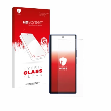 Face avant d’un emballage produit avec le logo de la marque upscreen. À côté, l’appareil Samsung Galaxy Z Fold 7 est représent