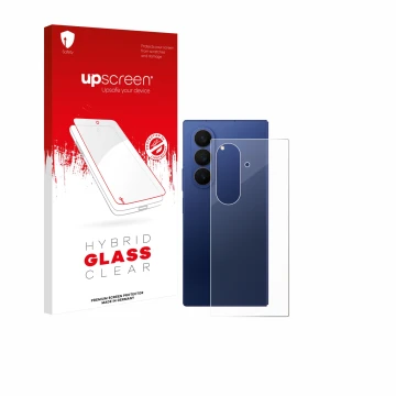 Face avant d’un emballage produit avec le logo de la marque upscreen. À côté, l’appareil Samsung Galaxy Z Fold 7 (Arrière) est