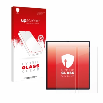 Face avant d’un emballage produit avec le logo de la marque upscreen. À côté, l’appareil Samsung Galaxy Z Fold 7 (Affichage in