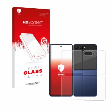 Face avant d’un emballage produit avec le logo de la marque upscreen. À côté, l’appareil Samsung Galaxy Z Flip 7 (Avant+Arrièr
