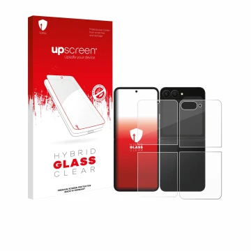 Face avant d’un emballage produit avec le logo de la marque upscreen. À côté, l’appareil Samsung Galaxy Z Flip 7 FE (Avant+Arr