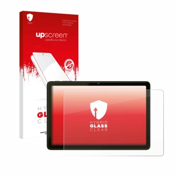 Face avant d’un emballage produit avec le logo de la marque upscreen. À côté, l’appareil VALE Tablet V10A est représenté avec 