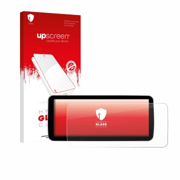 Face avant d’un emballage produit avec le logo de la marque upscreen. À côté, l’appareil Ninetom Car Radio 12.3
