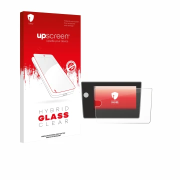 Face avant d’un emballage produit avec le logo de la marque upscreen. À côté, l’appareil Volkswagen Polo Life 2024 est représe