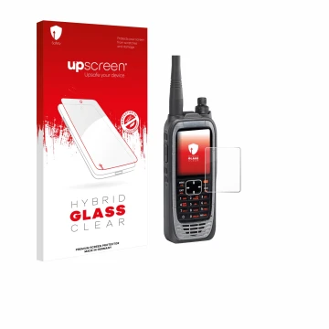 Face avant d’un emballage produit avec le logo de la marque upscreen. À côté, l’appareil Icom IC-A25NE /IC-A25CE est représent