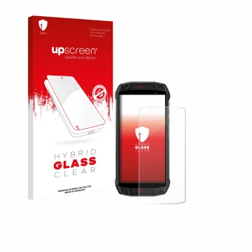 Face avant d’un emballage produit avec le logo de la marque upscreen. À côté, l’appareil Ulefone Armor 15 est représenté avec 