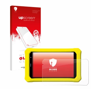 Face avant d’un emballage produit avec le logo de la marque upscreen. À côté, l’appareil Clementoni Clempad 8