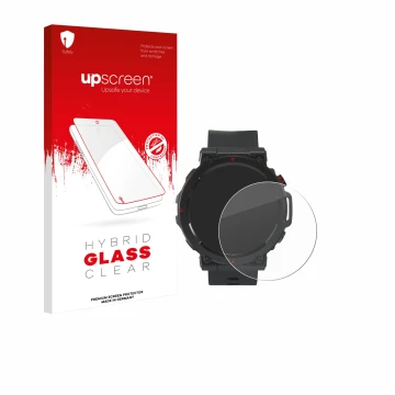 Face avant d’un emballage produit avec le logo de la marque upscreen. À côté, l’appareil Crivit Sport-Smartwatch est représent