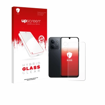 Face avant d’un emballage produit avec le logo de la marque upscreen. À côté, l’appareil Xiaomi Redmi 15C 4G (Avant+Caméra) es