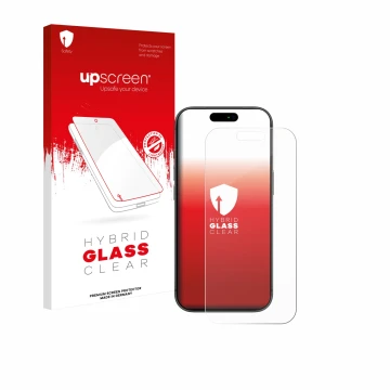 Face avant d’un emballage produit avec le logo de la marque upscreen. À côté, l’appareil Apple iPhone 17 Pro est représenté av
