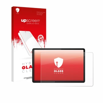 Face avant d’un emballage produit avec le logo de la marque upscreen. À côté, l’appareil Lenovo Tab K11e est représenté avec l