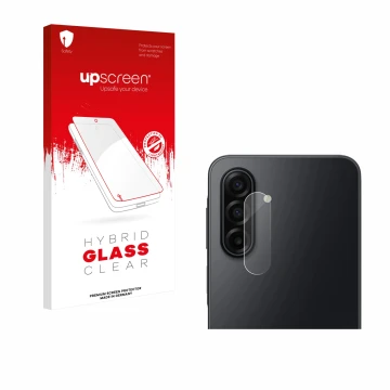 Face avant d’un emballage produit avec le logo de la marque upscreen. À côté, l’appareil Samsung Galaxy A17 5G (Caméra UNIQUEM
