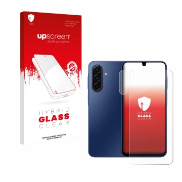 Face avant d’un emballage produit avec le logo de la marque upscreen. À côté, l’appareil Samsung Galaxy A17 4G (Avant+Caméra) 
