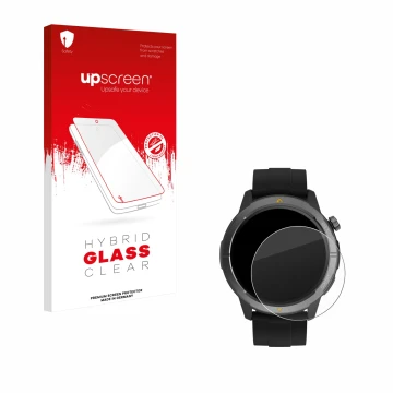Face avant d’un emballage produit avec le logo de la marque upscreen. À côté, l’appareil AGM Legion Watch 1.43