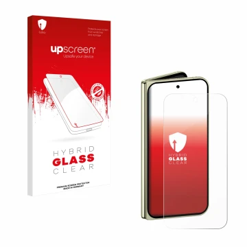 Face avant d’un emballage produit avec le logo de la marque upscreen. À côté, l’appareil Google Pixel 10 Pro Fold est représen
