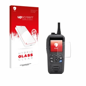 Face avant d’un emballage produit avec le logo de la marque upscreen. À côté, l’appareil Icom IC-M94D est représenté avec la p