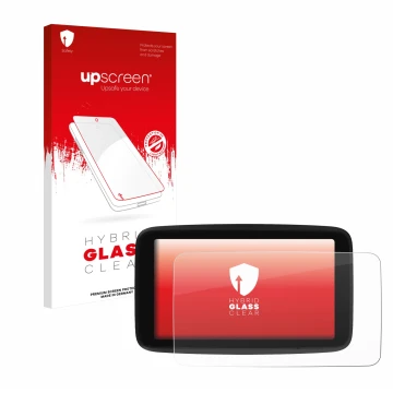 Face avant d’un emballage produit avec le logo de la marque upscreen. À côté, l’appareil TomTom GO Classic 5