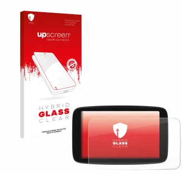 Face avant d’un emballage produit avec le logo de la marque upscreen. À côté, l’appareil TomTom Go Navigator 7 (2ème génératio